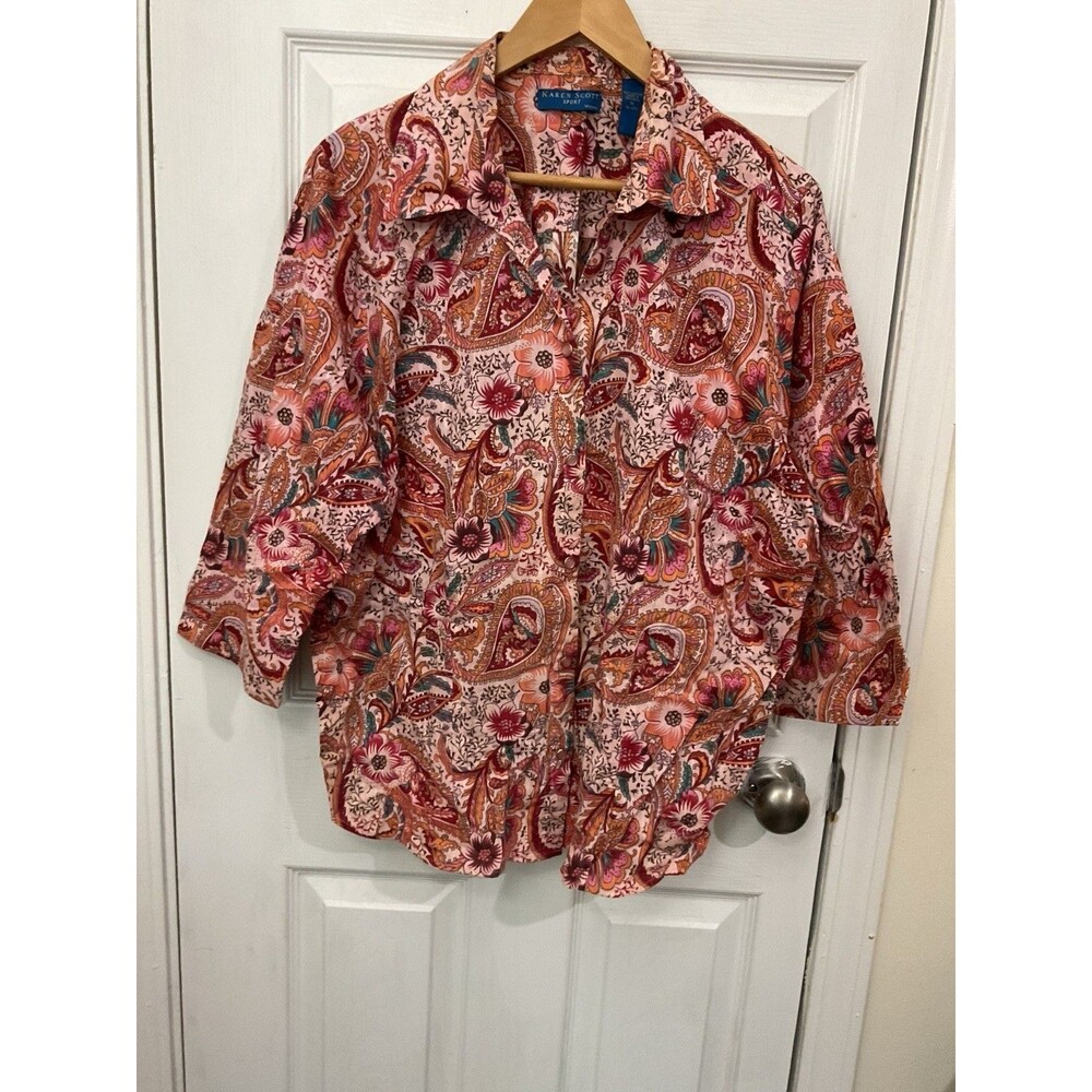Karen Scott Button Up Shirt Women's 1x Paisley 3/4 Sleeve Collared Cotton